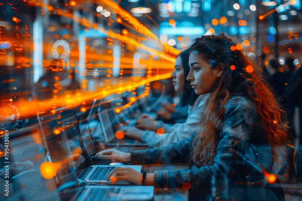Multiple users are deeply engaged with laptops in a visually intense environment with striking orange illumination Multiple users are deeply engaged with laptops in a visually intense environment with striking orange illumination