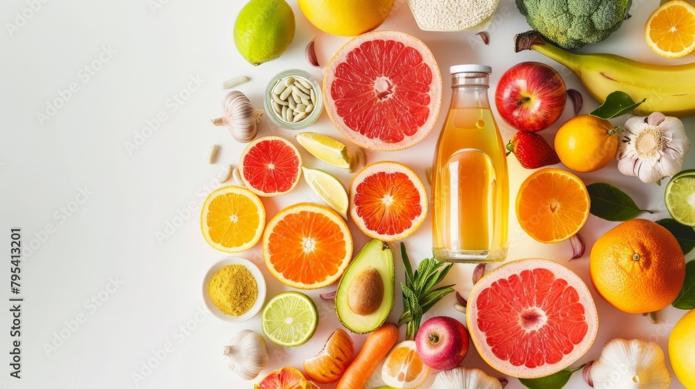 Photo of a human immune system outline packed with immune-boosting foods like citrus fruits and garlic