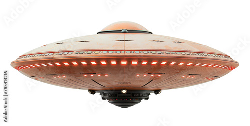 Flying saucer isolated on a white transparent background. Unknown flying object. Spaceship UFO. Space alien guest
