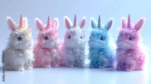 A row of five unicorn bunnies made of plush. They are all different colors. photo
