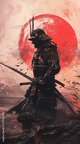 wallpaper with samurai and japanese flag motif (1)