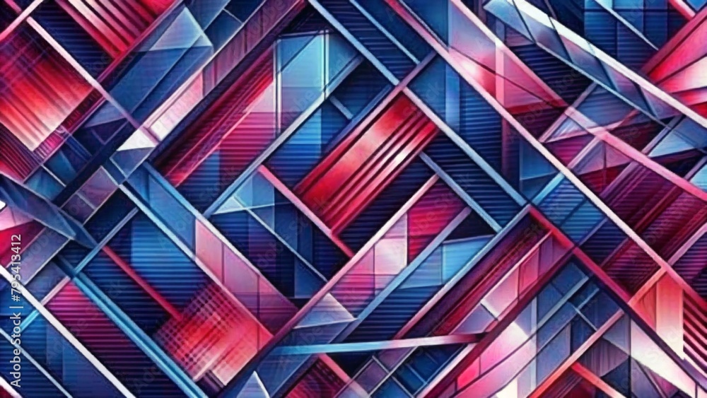 Red and blue geometric background, with diagonal lines of abstract shapes, in high definition, featuring an impressive pattern of interlacing structures. Red and blue geometric background, with diagonal lines of abstract shapes, in high definition, featuring an impressive pattern of interlacing structures.