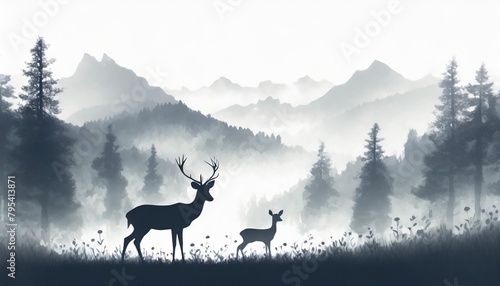 horizontal banner silhouette of deer doe fawn standing on meadow in forrest silhouette of animal trees grass magical misty landscape fog mountains gray illustration bookmark