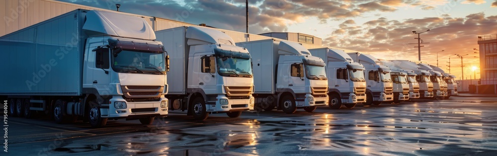 A line of large delivery company trucks parked in a row next to each other