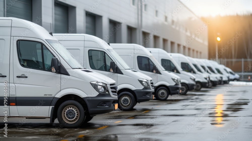 A line of white delivery company vans parked neatly in front of a commercial building A line of white delivery company vans parked neatly in front of a commercial building