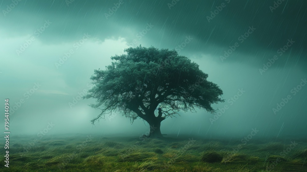 Obraz premium A single, large tree stands in the middle of a grass field. The tree is old and gnarled, with thick branches that reach out towards the sky. The leaves are a deep green
