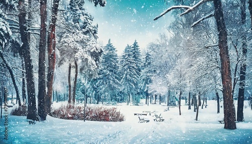winter illustration for greeting card or invitation poster with a snowy landscape with an forest glade in a city park © Kari