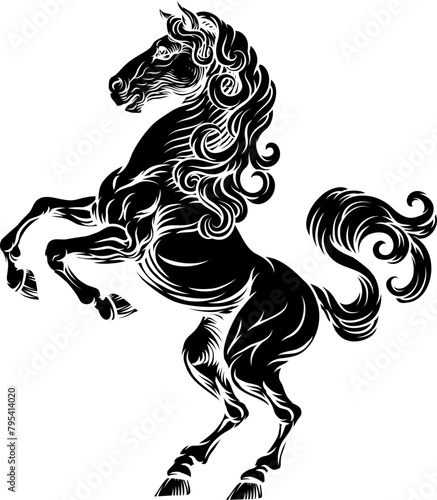 A horse animal for a crest in rampant pose. Heraldic coat of arms heraldry design element in a vintage illustration style.