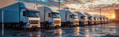 A line of large delivery company trucks parked in a row next to each other