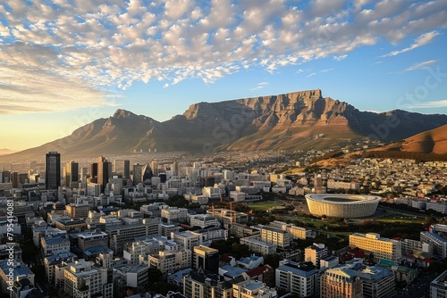Wide angle shot of Cape Town city central business district , The skyline of Cape Town with Table Mountain, AI generated photo