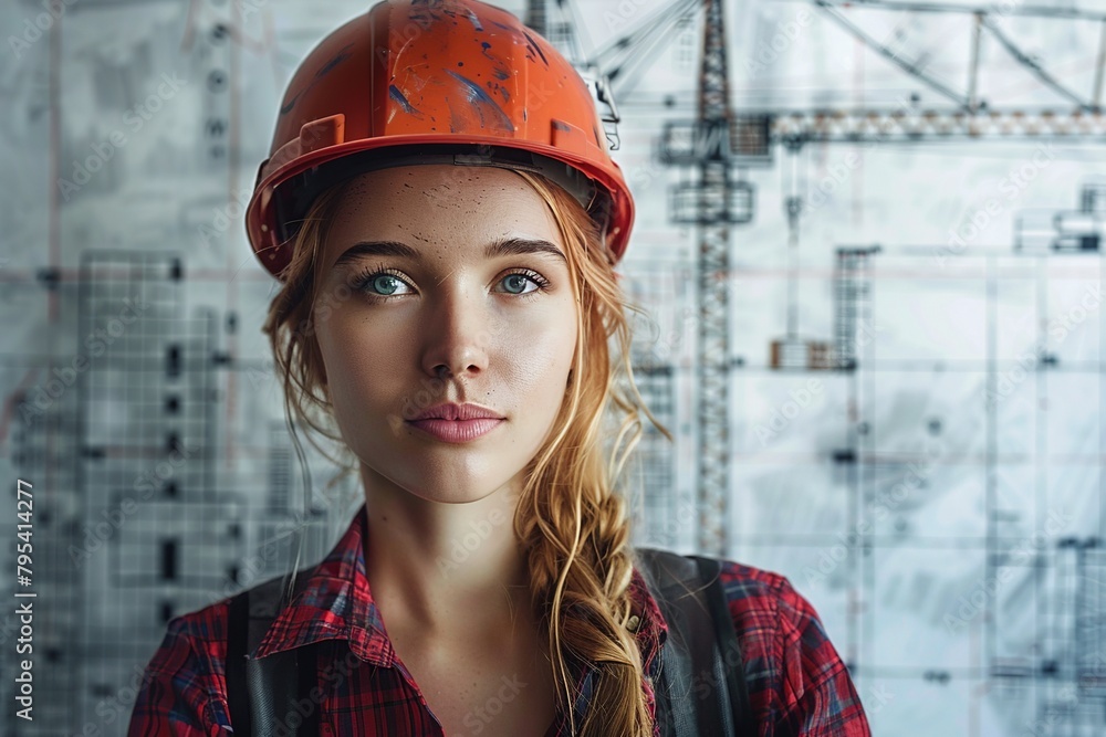 Create a portrait of a young construction worker woman, donning a safety helmet, standing confidently against a white background. Her attire strikes a balance between practicality and style Create a portrait of a young construction worker woman, donning a safety helmet, standing confidently against a white background. Her attire strikes a balance between practicality and style