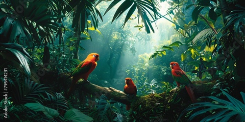 Three panel wall art capturing a dense jungle scene with exotic birds and thick foliage © Sara_P