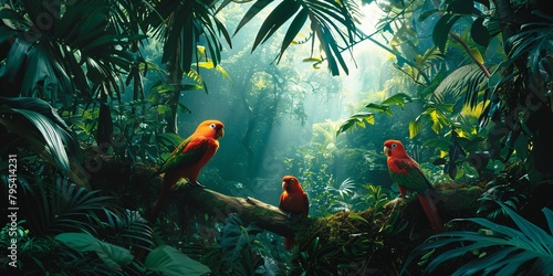 Three panel wall art capturing a dense jungle scene with exotic birds and thick foliage