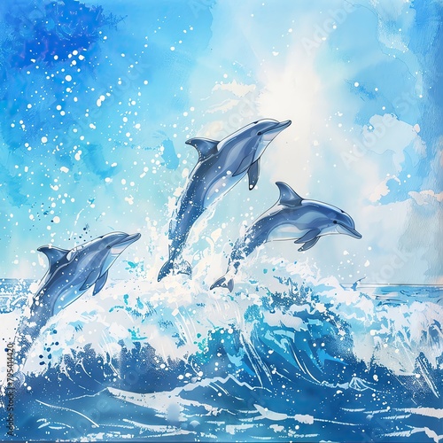 A playful group of dolphins leaping out of the sparkling ocean waves  with a clear blue sky in the background  watercolor  cartoon