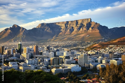 Wide angle shot of Cape Town city central business district , The skyline of Cape Town with Table Mountain, AI generated