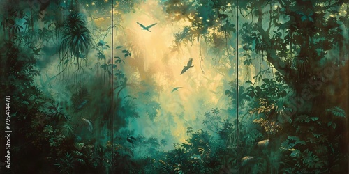 Three panel wall art capturing a dense jungle scene with exotic birds and thick foliage photo