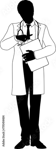 Silhouette doctor man medical healthcare person in a lab coat holding a clipboard.