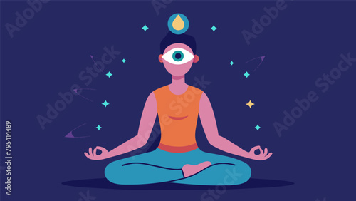 A person sitting in a meditation pose their third eye visibly illuminated as they use this inner vision to precisely identify and edit memories..