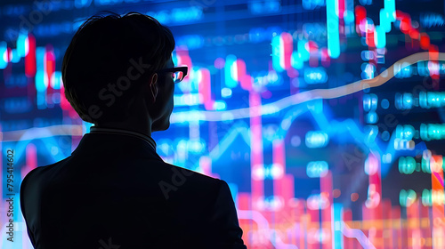 financial forecasting in the digital world a man in a black shirt and glasses stands in front of a photo
