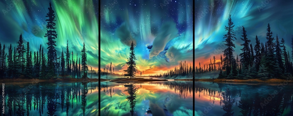 Three panel wall art capturing the northern lights in a starry sky with pine trees and a reflective lake