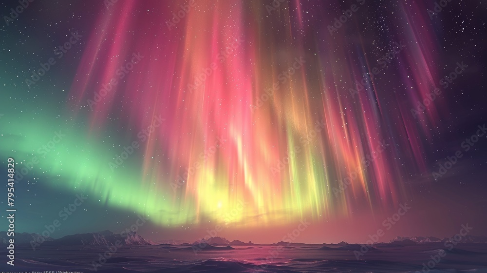Aurora: A mesmerizing 3D visualization of the aurora australis, with a spectacular array of colors including pink, green, and yellow painting the Antarctic sky