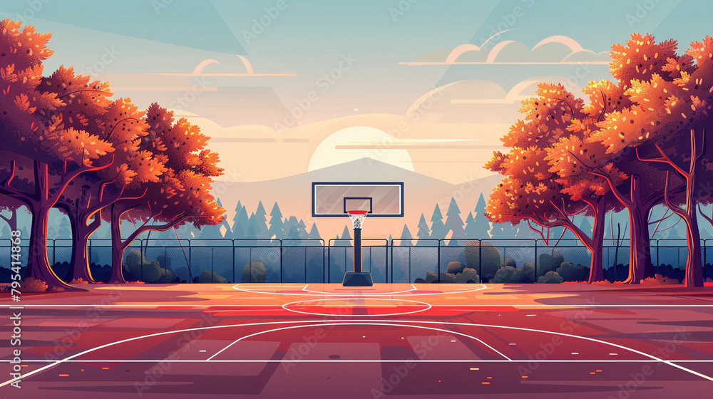 Outdoor basketball court scene in flat graphics - obrazy, fototapety, plakaty 
