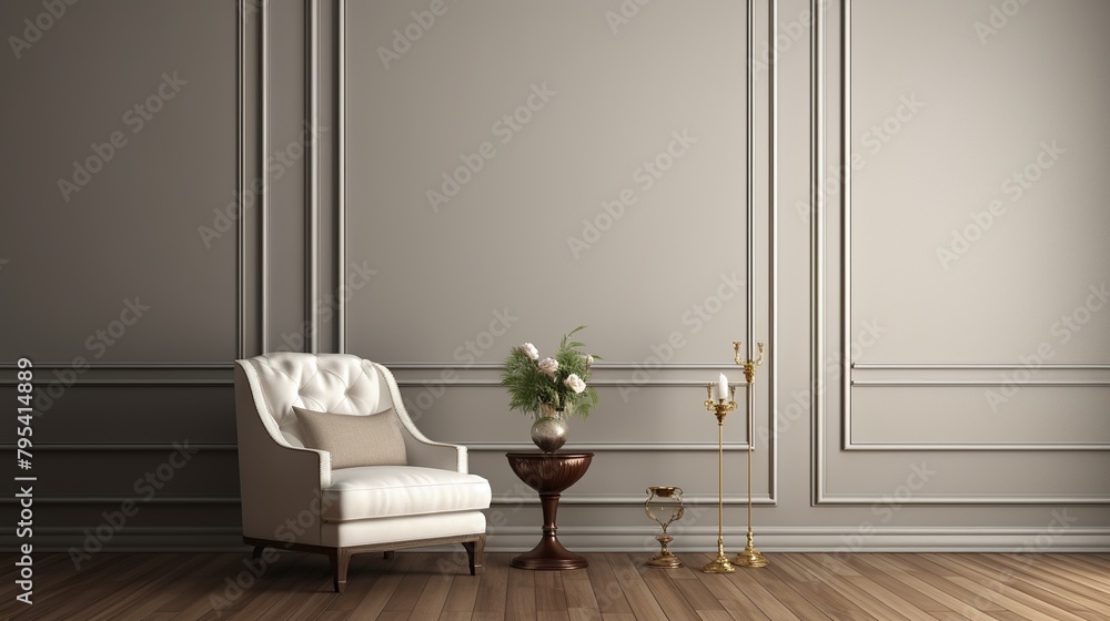 Classic interior design with wooden wall, soft armchair and wooden table. Classic interior design with wooden wall, soft armchair and wooden table.