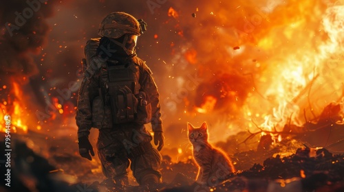 A soldier and a cat are standing in a war zone. The soldier is looking down at the cat. The cat is looking up at the soldier. There are explosions and fires in the background.