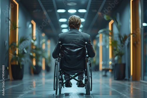 A rear view of a man in a wheelchair positioned in the center of a brightly lit modern corridor