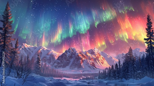 Aurora: An illustration depicting the aurora borealis as seen from a snowy landscape