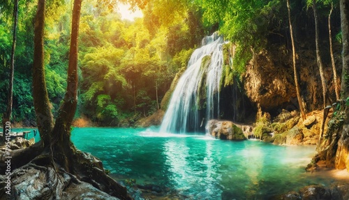 panoramic beautiful deep forest waterfall in thailand
