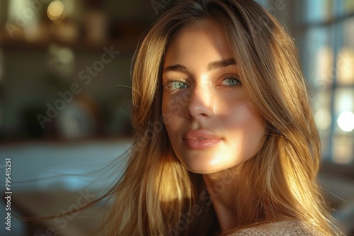 Golden hour lighting illuminating a young woman's face, featuring her serene expression