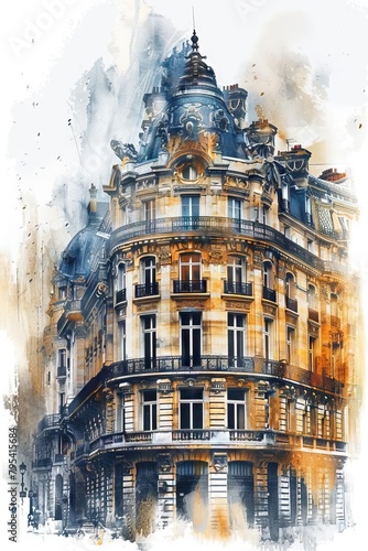 A historic building isolated in the center of the frame, with a wide expanse of white space emphasizing its grand architecture, watercolor, cartoon