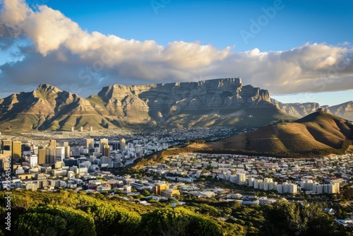 Wide angle shot of Cape Town city central business district , The skyline of Cape Town with Table Mountain, AI generated
