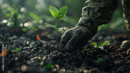 A soldier plants a tree in the middle of a war zone photo