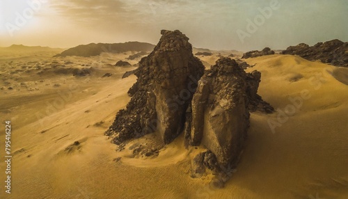 aerial view of rock formations among sand dunes at sunset in the sahara desert djanet algeria africa