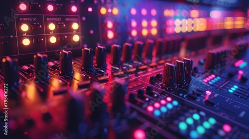 A sound mixer with a lot of buttons and knobs with a blurred background of a nightclub.