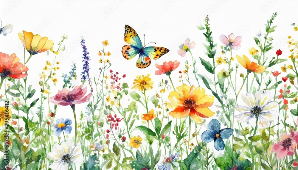 wildflowers green wild plants and flying butterfly floral seamless pattern with colorful flowers watercolor horizontal border isolated on white background hand painting illustration summer meadow