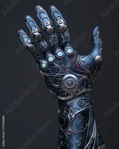 A steampunk robotic hand with ornate engravings and glowing blue lights
