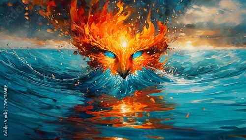 fiery face clashing with cool blue water an artistic representation of a fiery face meeting a calm blue water surface symbolizing the clash of opposites
