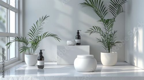 White Table With Three Vases Filled With Plants