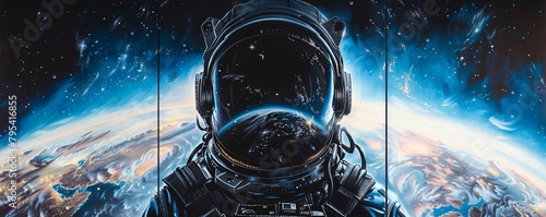 Three panel wall art featuring an astronauts view from space Earth rising stars and a spaceship