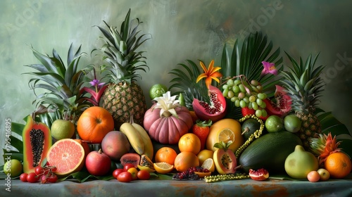 A colorful fruit display with a variety of fruits including apples, oranges, and bananas. The arrangement of the fruits creates a vibrant and inviting atmosphere