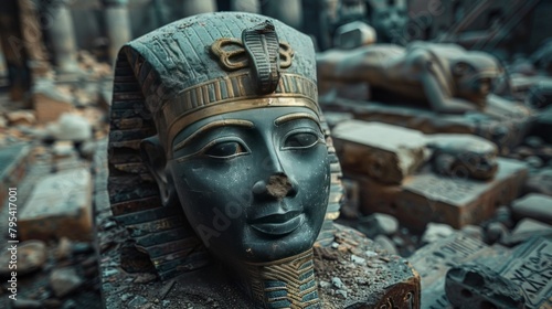 A stone head of an Egyptian pharaoh  partially buried in sand and rubble.