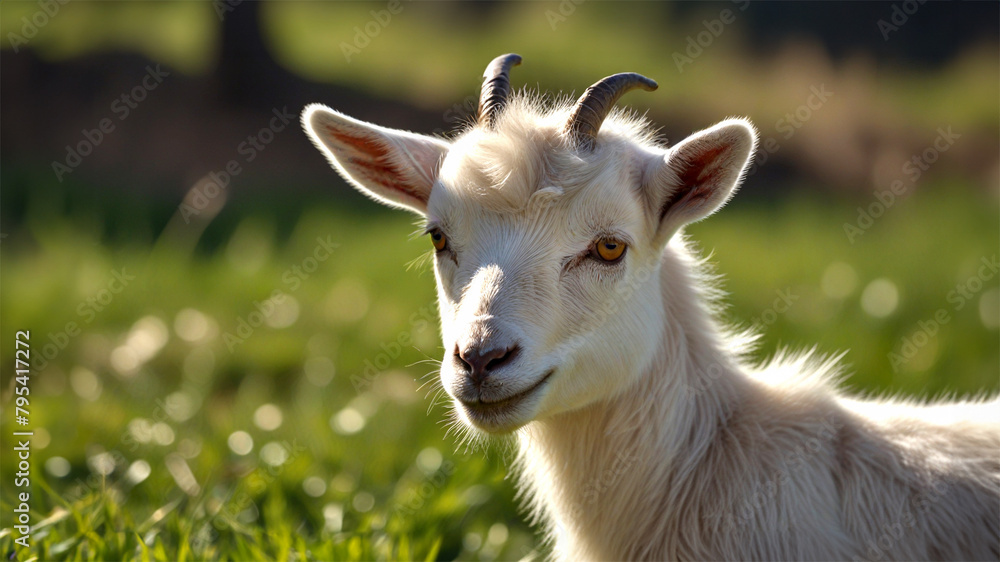 Obraz premium Cute goat kid on green spring grass in sunny day