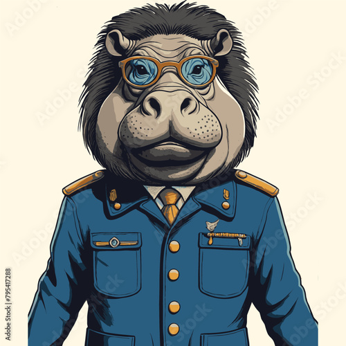 A Hippo Character Wearing Glasses and Defence Outfit Vintage Engraved