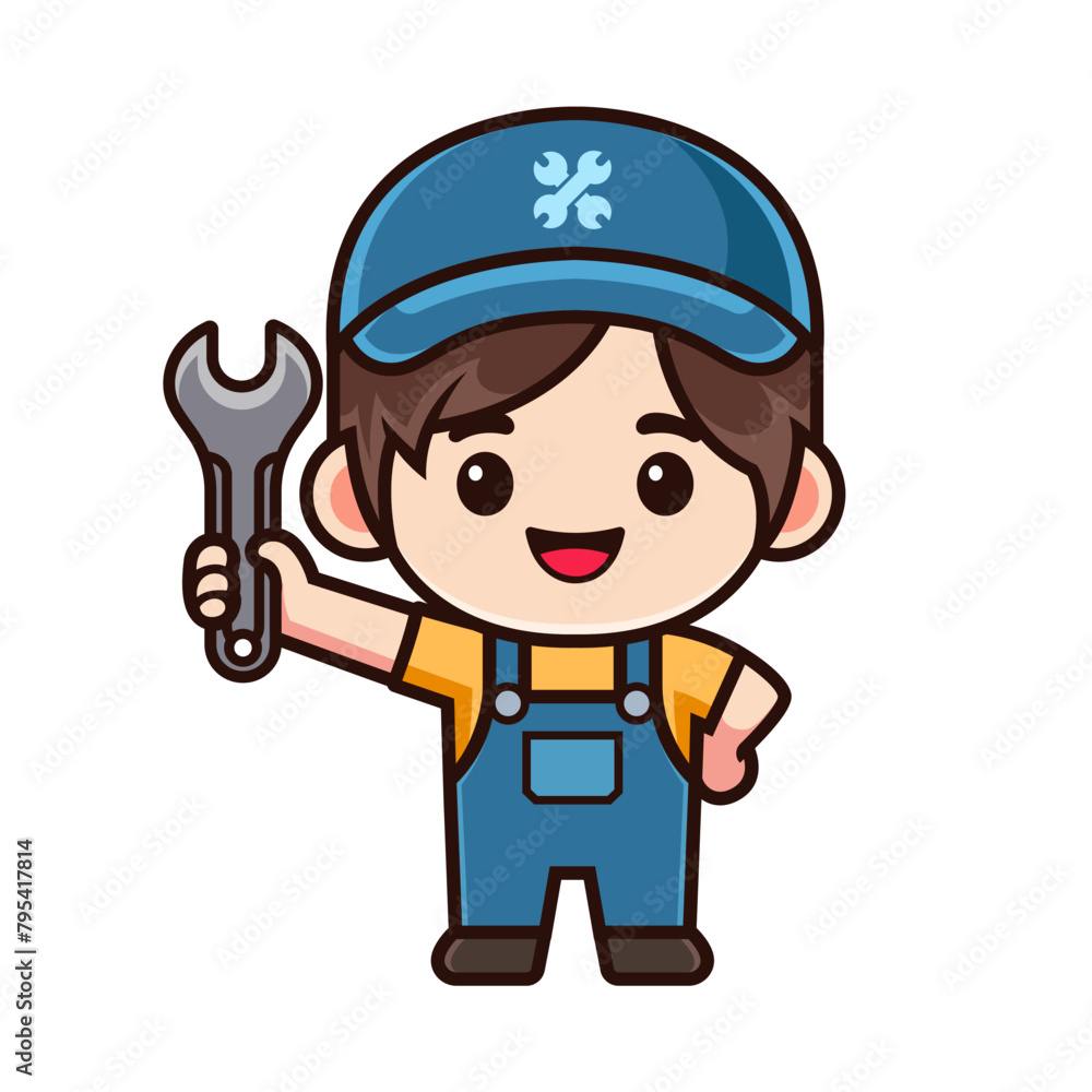 cute cartoon mechanic holding spanner cute cartoon mechanic holding spanner