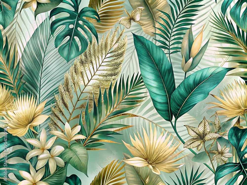 Naklejka premium Green and Gold Palm Leaves on white background. Abstract topic for banners. Bright tropical background with jungle plants exotic pattern.