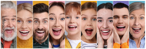 Collage with photos of surprised people on different color backgrounds