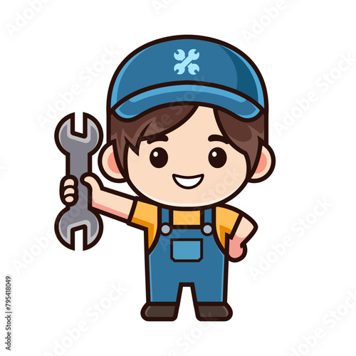 cute cartoon mechanic holding wrench